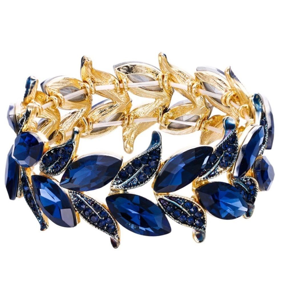 Yellow Gold and Blue Sapphire Austrian Crystal Leaf Stetchable Bracelet Bangle